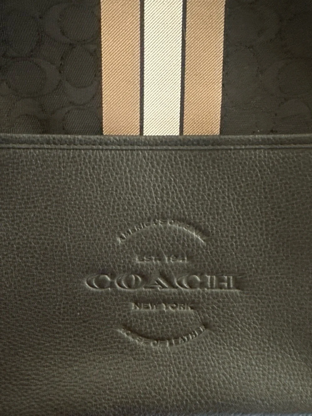 Coach Black Leather Backpack with Tan and White Center Stripes